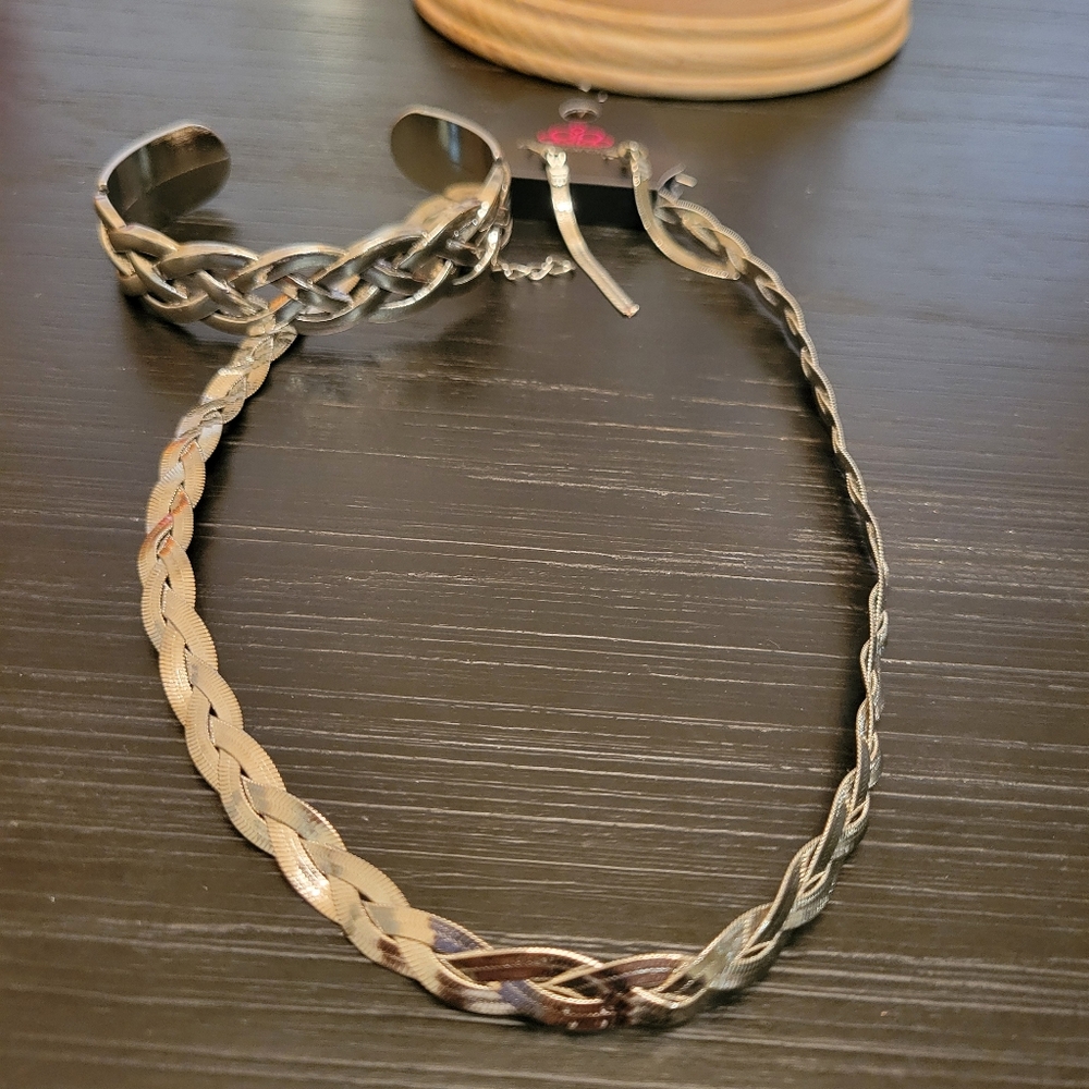 Silver Braided Necklace and Bracelet Set